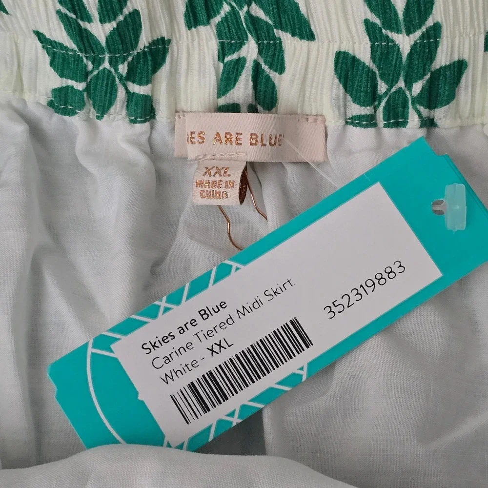 Skies Are Blue Tiered Maxi Skirt Womens‎ XXL Green White Boho Cottagecore